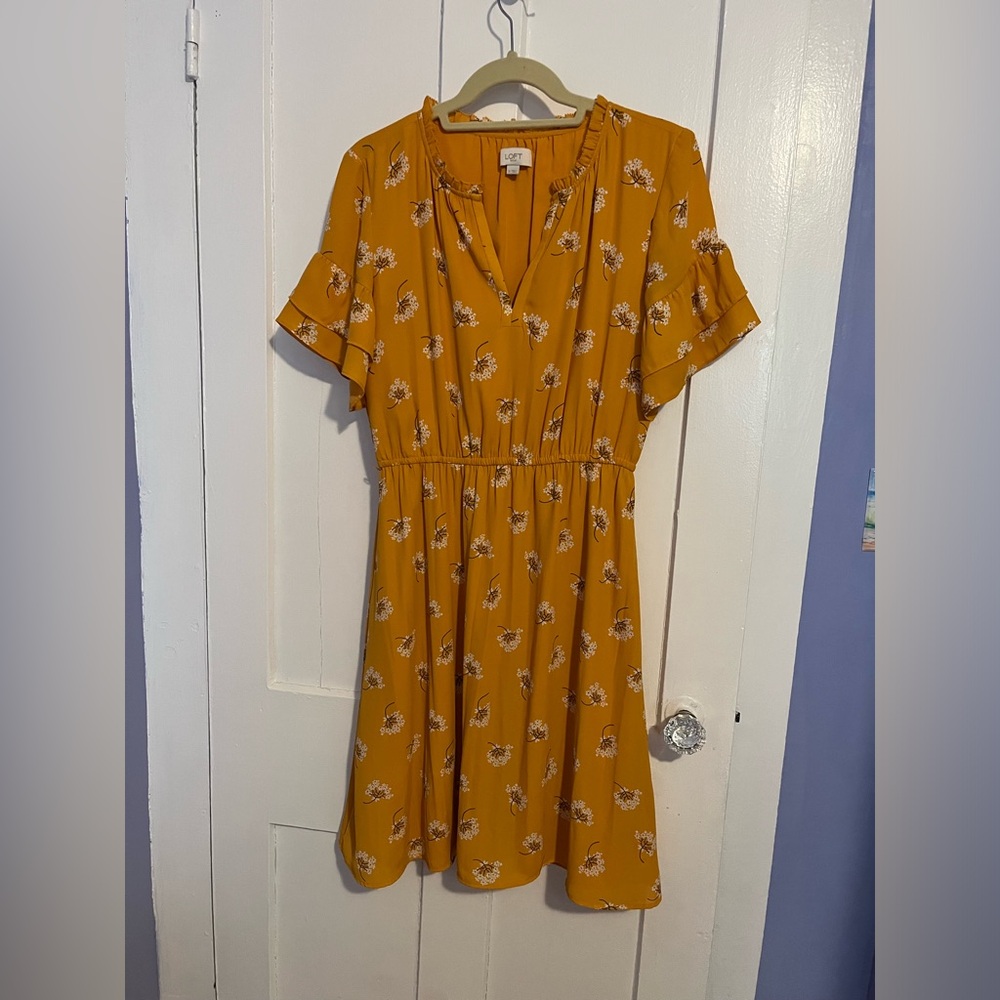 Loft mustard yellow dress with with flowers size small